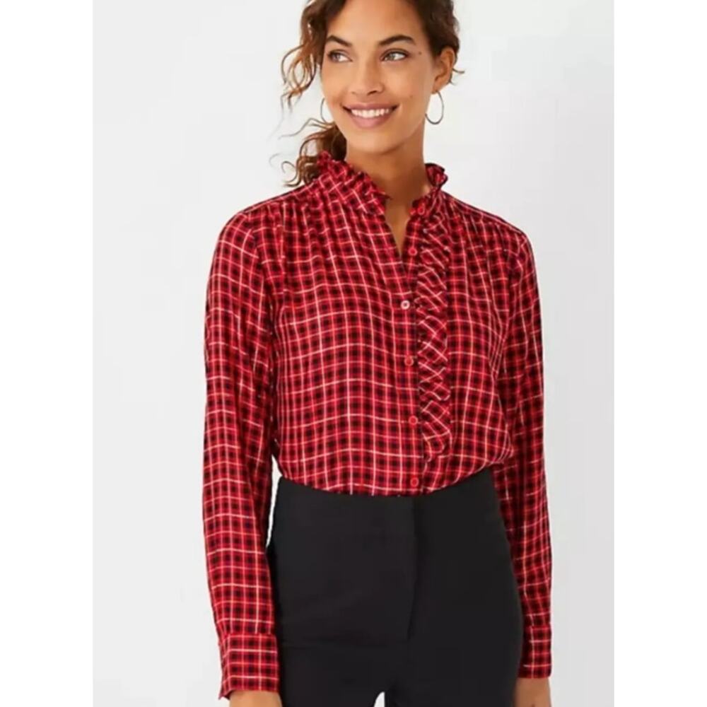 Ann Taylor Red and Black Metallic Plaid Ruffle Button Down Top Size Large